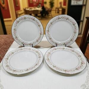 Noritake Mayflower 10 1/2" Dinner Plates 2351 Pink Blue Flowers Silver Set of 4